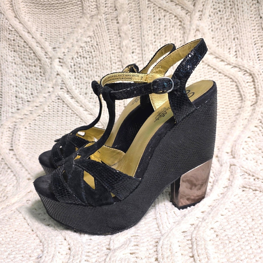 VTG Seychelles Platform Wedge Black Snakeskin Metallic Chunky Sandals‎ Women 7